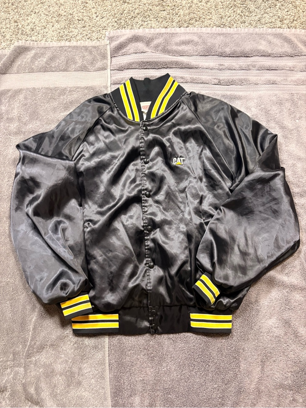 Vintage CAT Hartwell Mens XL Black Full Zip Jacket Nylon Lining Yellow Stripes
